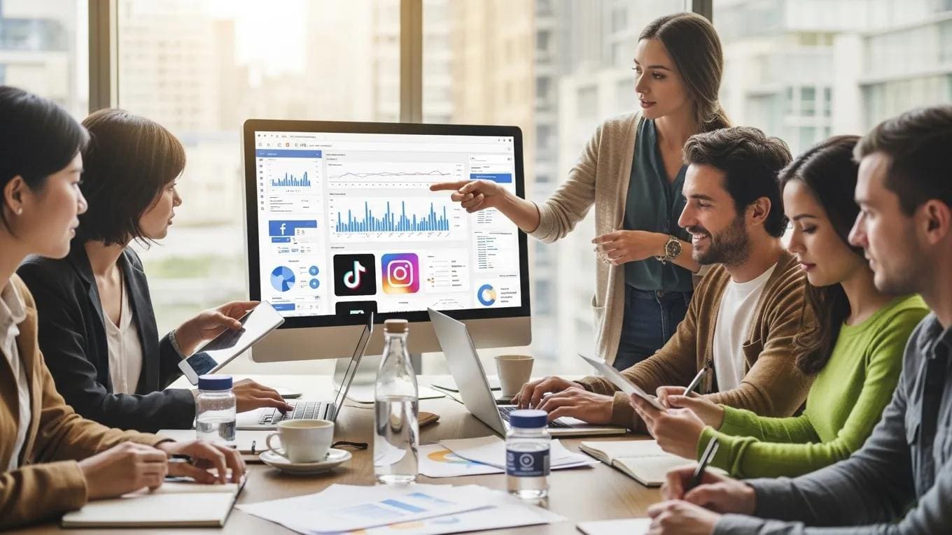 Diverse professionals collaborating on social media advertising strategies with digital devices