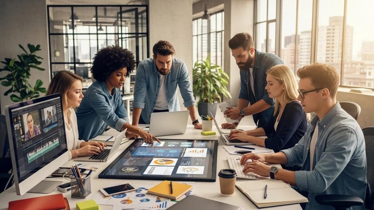 Diverse professionals collaborating on social media content in a modern office setting