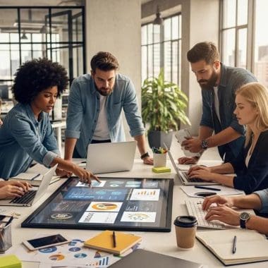 Diverse professionals collaborating on social media content in a modern office setting