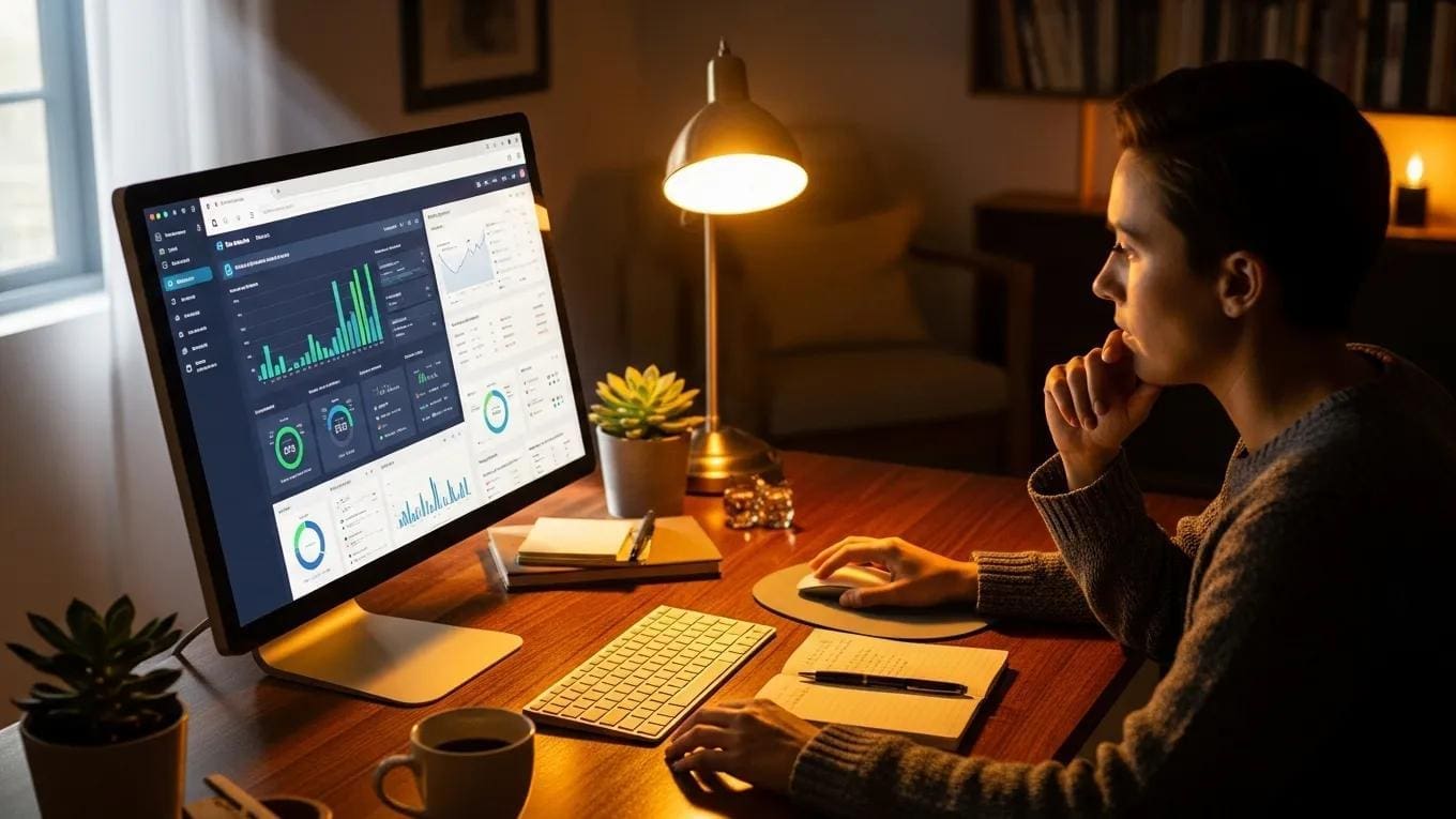 Person analyzing social media performance metrics on a computer screen in a cozy workspace