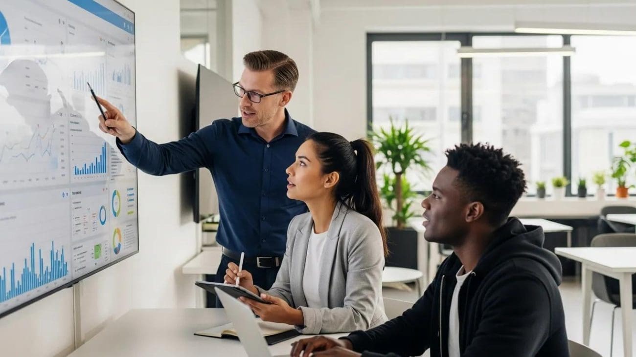 Professionals collaborating on social media analytics in a modern office