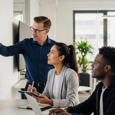 Professionals collaborating on social media analytics in a modern office