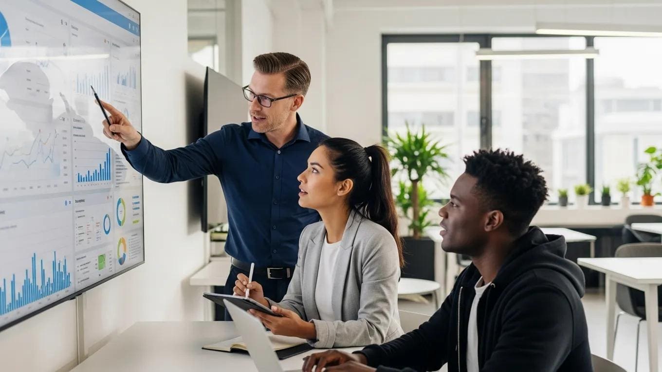 Professionals collaborating on social media analytics in a modern office