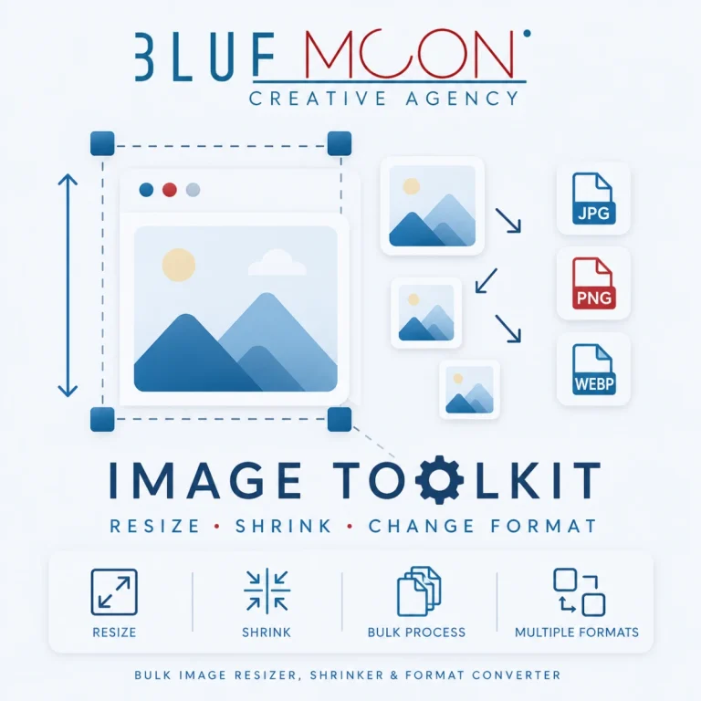Bluemoon Image Toolkit graphic illustrating image resizing, shrinking, and format conversion options with icons for JPG, PNG, and WEBP.