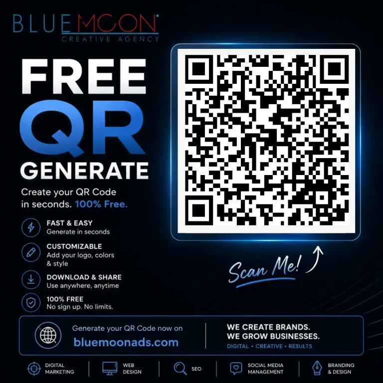 Free QR code generator interface featuring a customizable QR code design, instructions for use, and branding for Bluemoon Creative Agency.