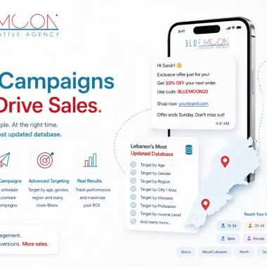 Bluemoon Creative Agency marketing graphic showcasing SMS campaigns to drive sales, featuring a smartphone displaying promotional messages and targeting options based on demographics like age and profession.