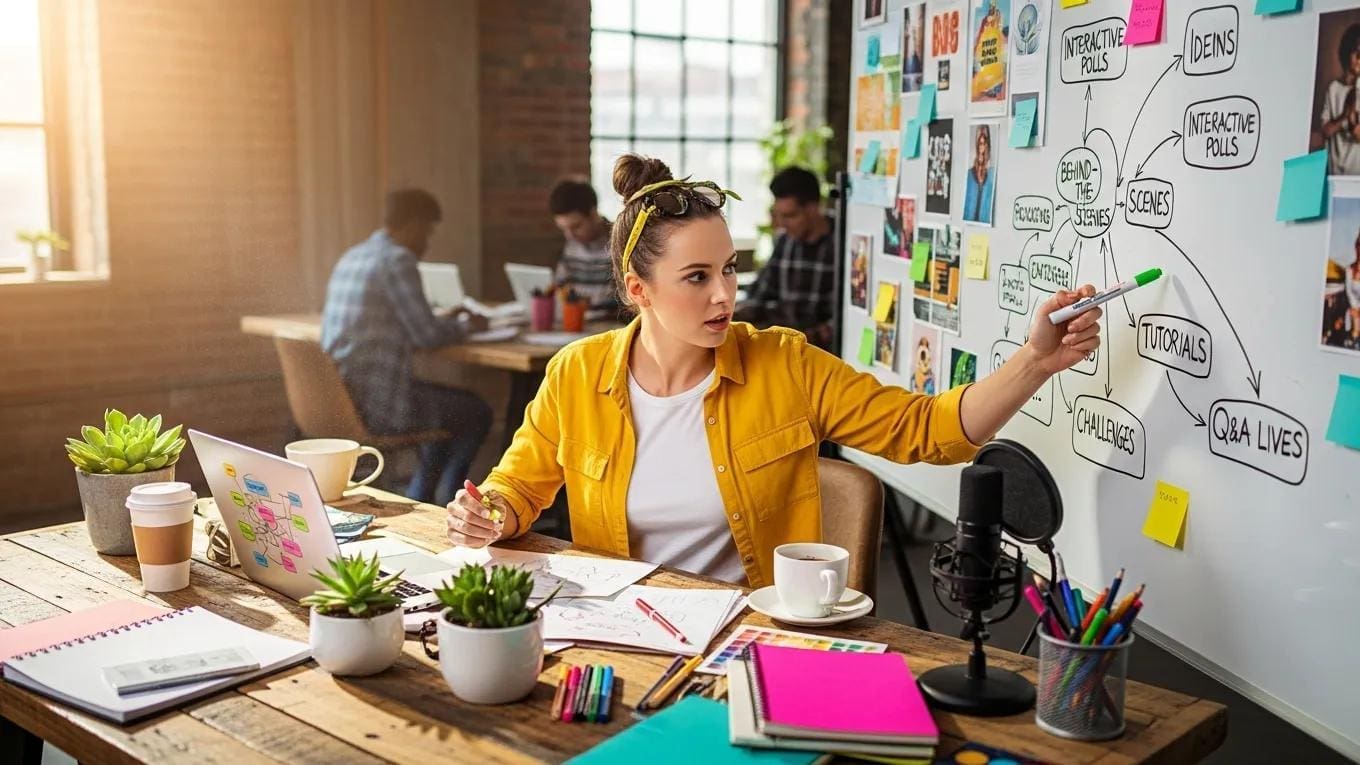 Content creator brainstorming ideas for engaging social media content in a vibrant workspace