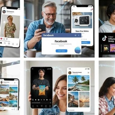 Collage of diverse individuals engaging with digital marketing platforms on smartphones and tablets, showcasing social media interactions, online advertising, and influencer marketing strategies relevant to Bluemoon Creative Agency's digital marketing services.