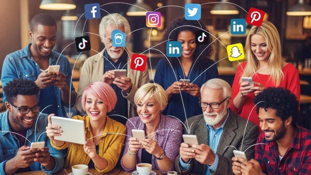 Diverse group of people engaging with social media platforms on smartphones and tablets, illustrating digital marketing trends and social media strategies relevant to businesses in Lebanon.