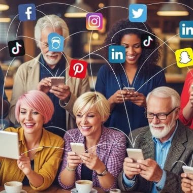 Diverse group of people engaging with social media platforms on devices, illustrating digital marketing trends and social media management strategies.