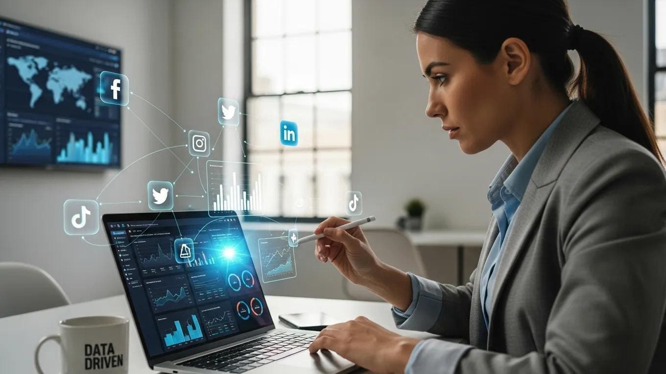 Marketing expert analyzing data for social media advertising strategies in a modern office