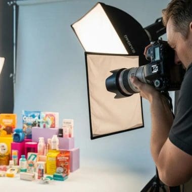 Professional photographer capturing vibrant product display in studio setting, showcasing diverse beauty and wellness products, highlighting Bluemoon Creative Agency's focus on effective digital marketing and branding strategies.