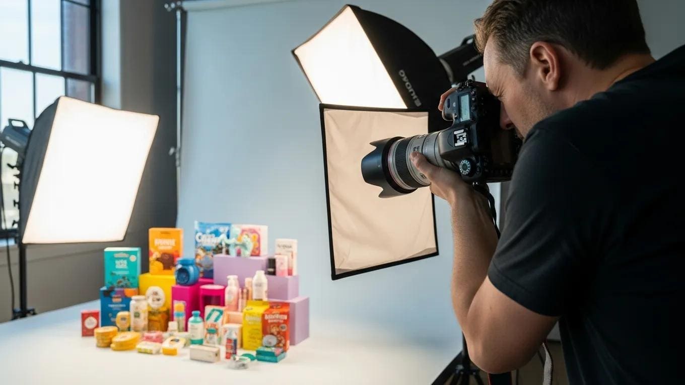Professional photographer capturing a vibrant product display in a studio