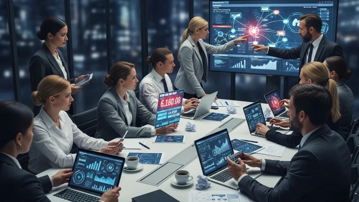 Team in a crisis management meeting discussing strategies in a sleek conference room