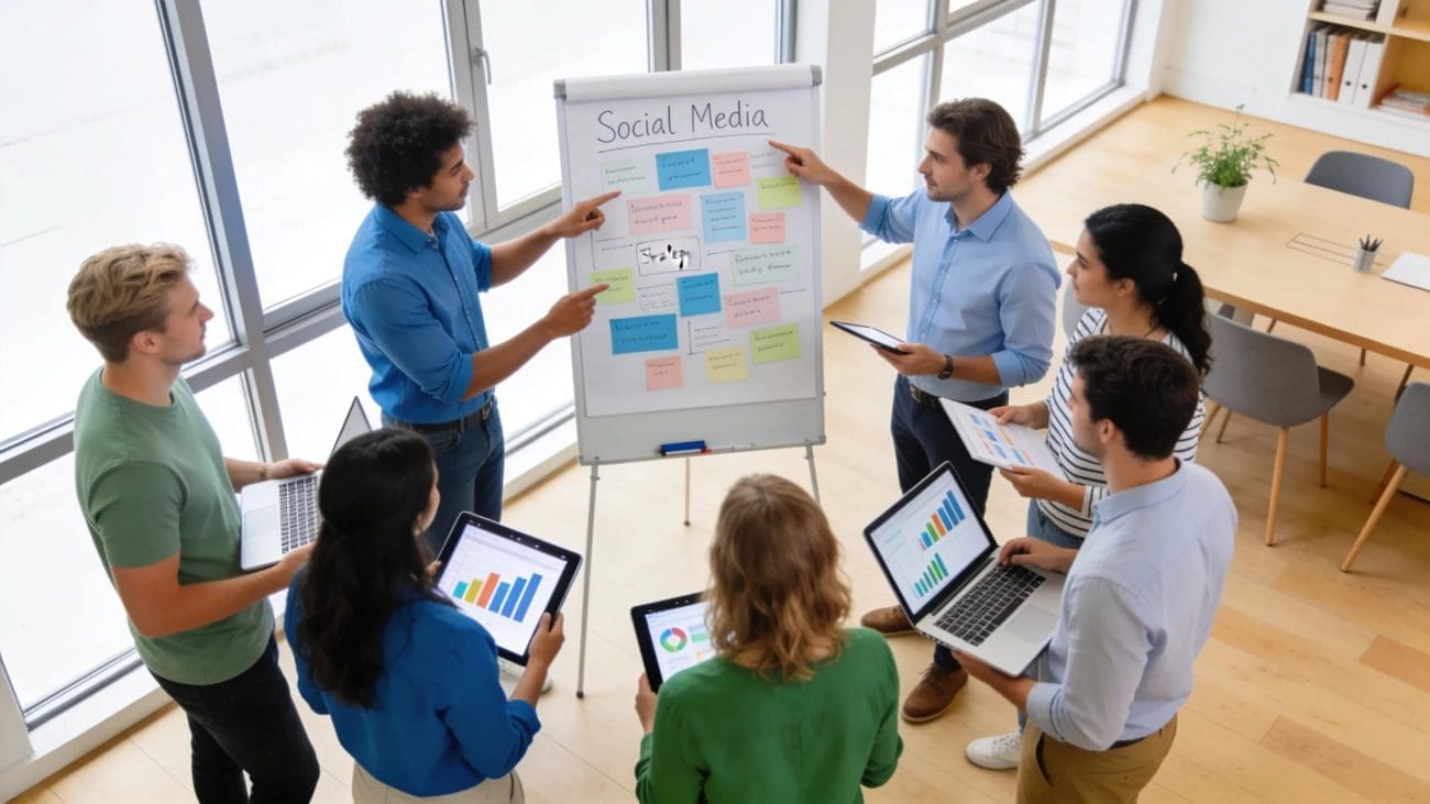 Group collaborating on social media strategies in a bright modern office