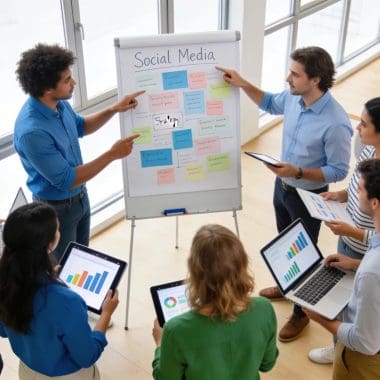 Group collaborating on social media strategies in a bright modern office