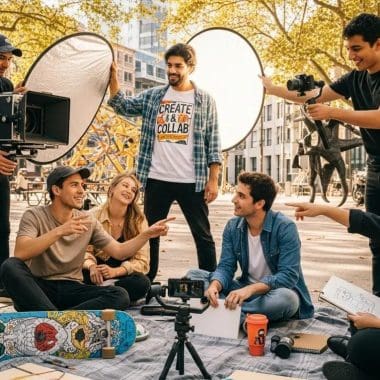 Group of young creatives collaborating outdoors, discussing digital marketing strategies, with cameras and equipment, reflecting Bluemoon Creative Agency's focus on innovative branding and social media management.