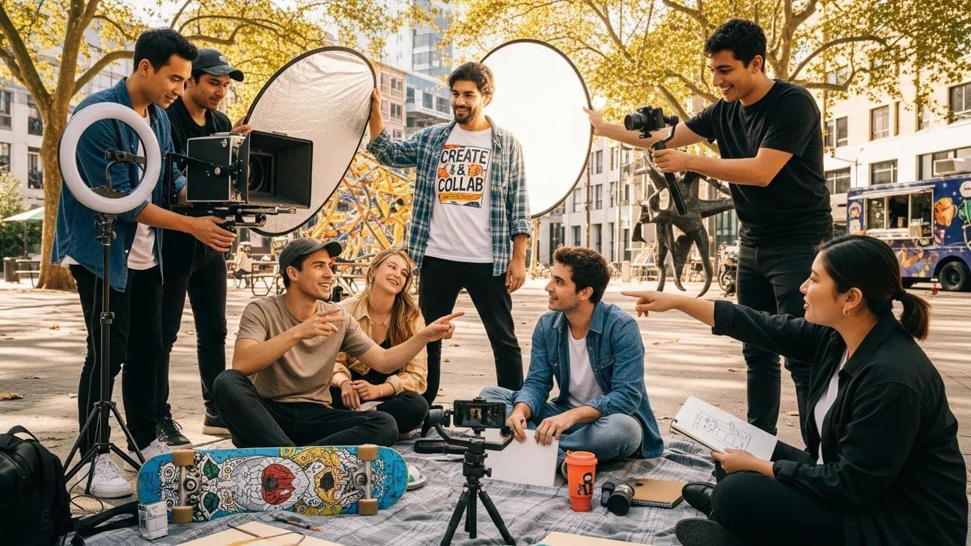 Group of young creatives collaborating outdoors, discussing social media content creation, with cameras, lighting equipment, and a skateboard, emphasizing teamwork and engagement strategies for digital marketing.