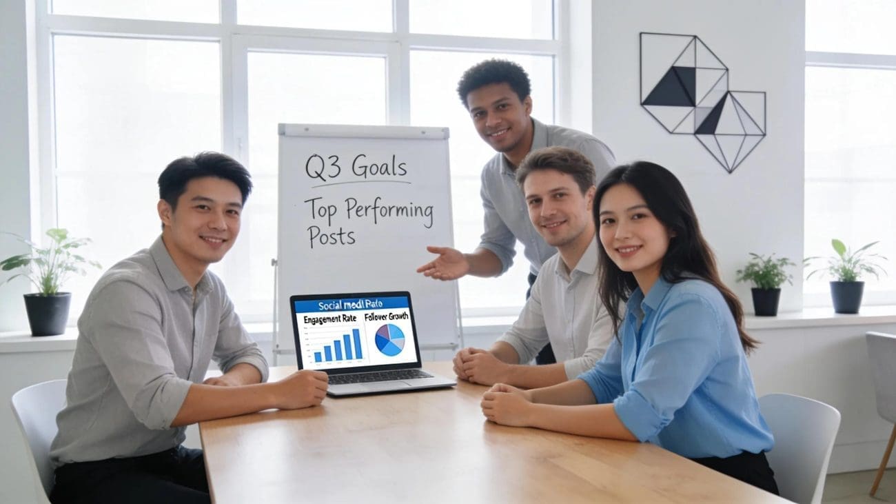 Marketers collaborating over social media performance metrics in a bright, modern workspace