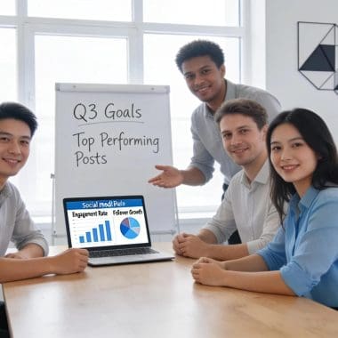 Marketers collaborating over social media performance metrics in a bright, modern workspace
