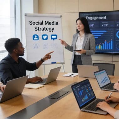 Diverse professionals collaborating on social media management strategies in a modern workspace