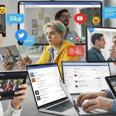 Collage of digital marketing tools and social media platforms, showcasing user engagement and online communication, relevant to Bluemoon Creative Agency's focus on enhancing online presence and digital strategies.
