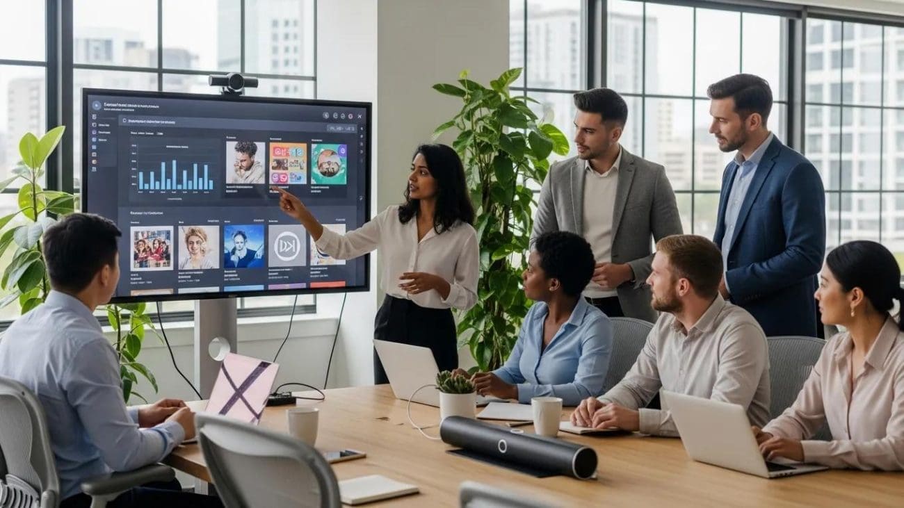 Business meeting with diverse team discussing digital marketing strategies, analyzing data on a screen, and collaborating in a modern office setting.