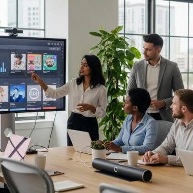 Business meeting with diverse team discussing digital marketing strategies, featuring a presentation on a screen and a woman pointing at data insights.