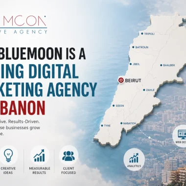 Bluemoon digital marketing agency in Lebanon map showcasing Beirut and key cities with branding and analytics icons.