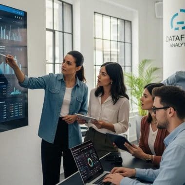 Group of professionals analyzing data on a large screen in a modern office setting, discussing digital marketing strategies and insights.