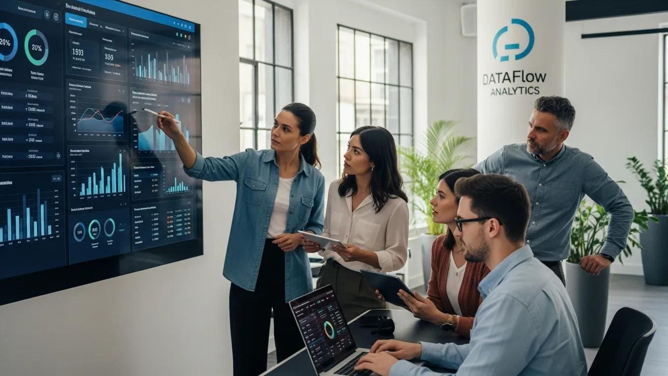 Team analyzing social media performance metrics on a digital dashboard, with focus on engagement and analytics for marketing strategies at Bluemoon Creative Agency.