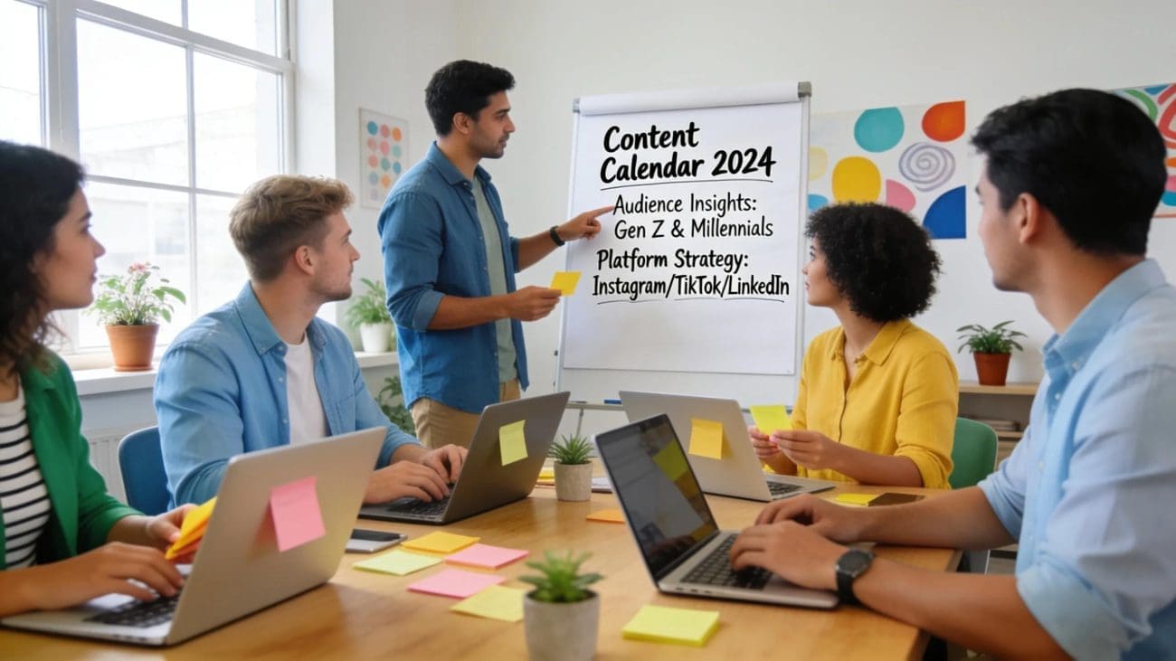 Professionals collaborating on social media content strategy in a bright, engaging workspace