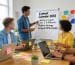 Professionals collaborating on social media content strategy in a bright, engaging workspace