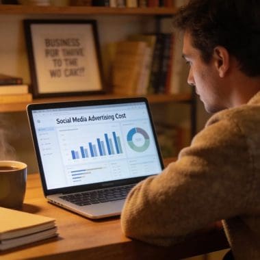 Business owner reviewing social media advertising costs on a laptop at a cozy workspace