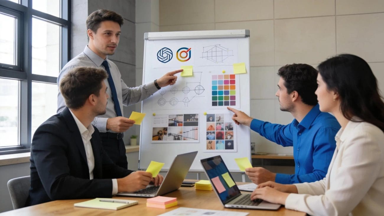 Professionals brainstorming custom brand identity strategies in a collaborative workspace