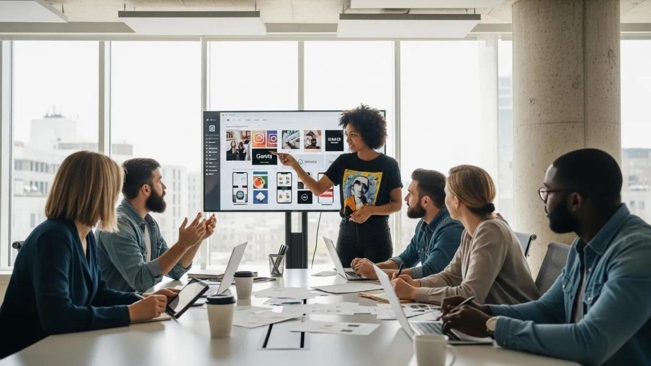 Team meeting in a modern office, discussing digital marketing strategies, with a presenter pointing at a screen displaying social media and app designs.
