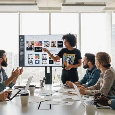 Team meeting with a presenter pointing at a digital screen displaying social media marketing strategies, emphasizing collaboration and digital solutions for business growth.