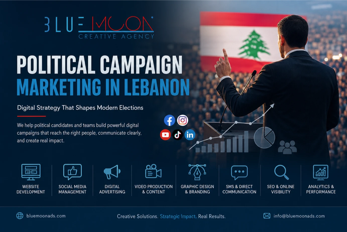 Political candidate speaking at rally in Lebanon, digital marketing campaign services and solutions.