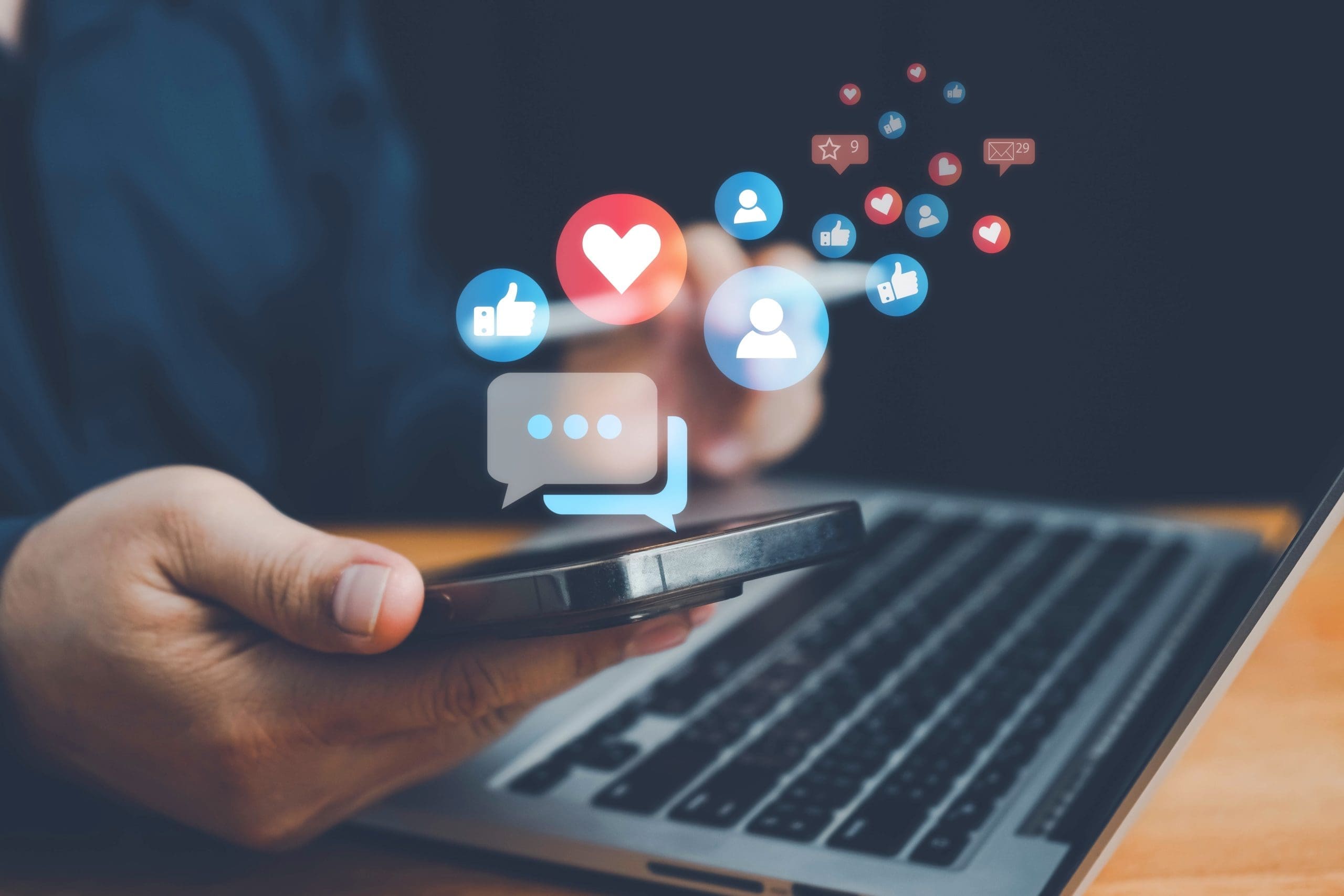 Social media icons and likes floating above smartphone illustrating social media marketing timelines and results.